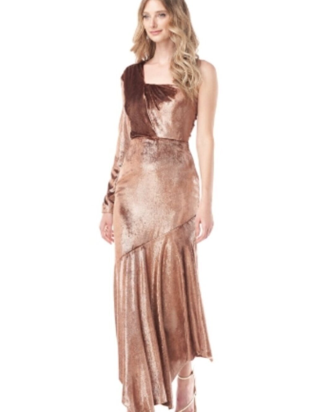 Kay Unger Delphine Velvet Metallic One‑Shoulder Asymmetrical Tea Dress 6 NWT